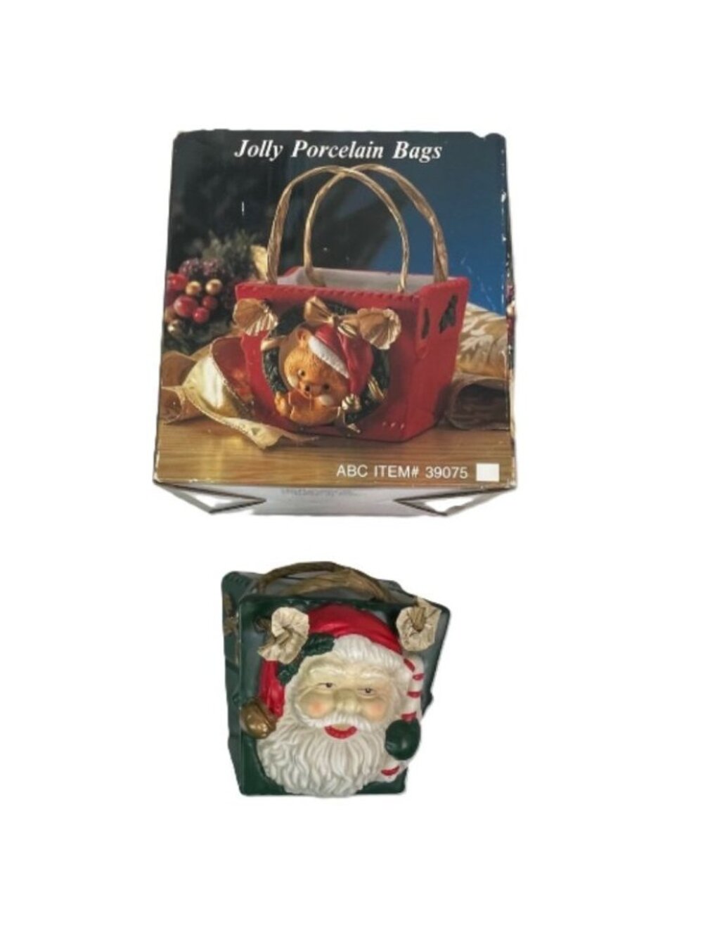 Vintage Jolly Santa Porcelain Bag Christmas Figurine Candy Dish w/ Box ABC Dist